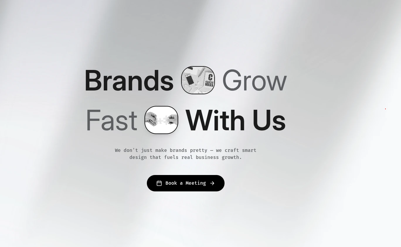 Brand design service studio's landing page featuring service offerings, portfolio highlights, and contact information